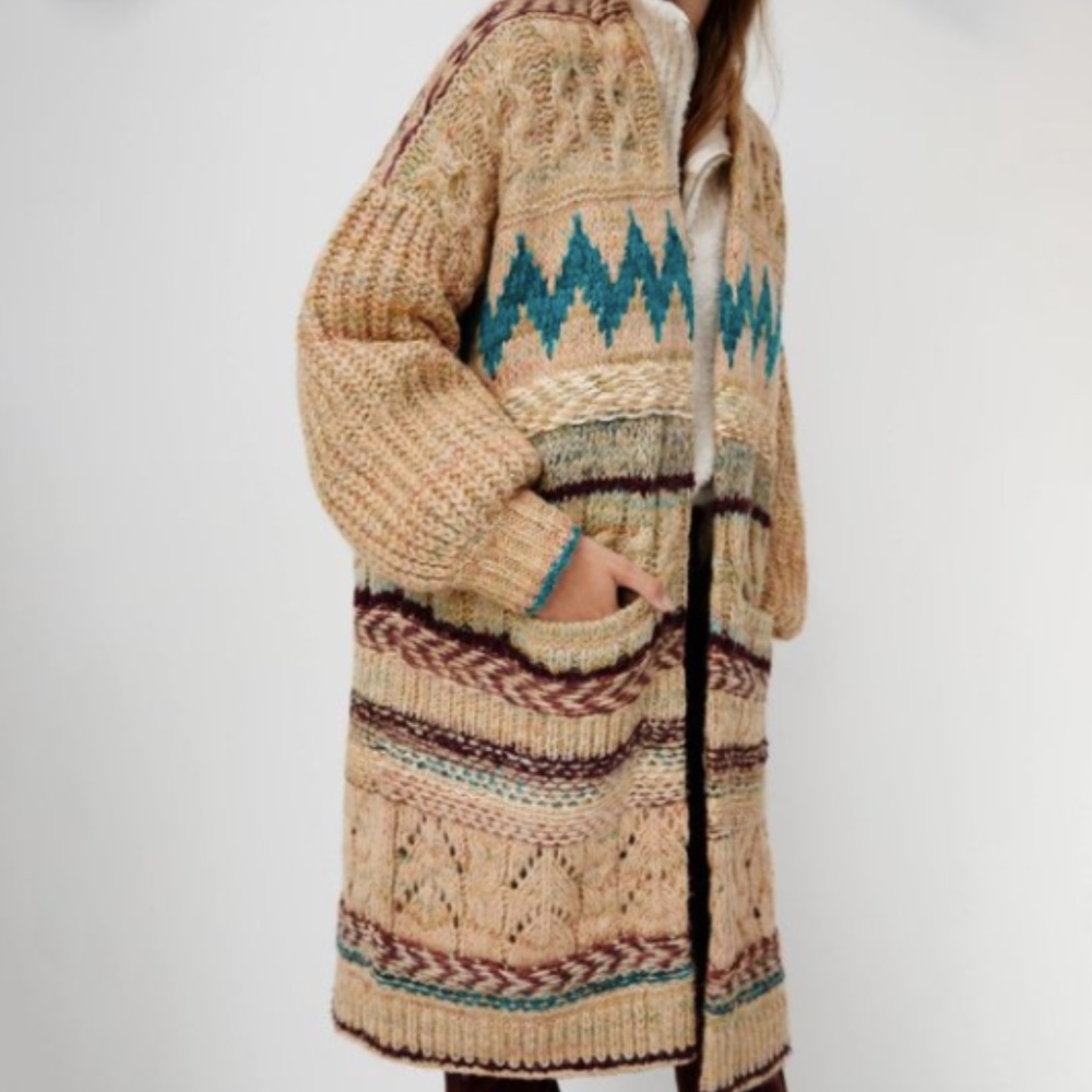 Anthropologie Cream & Teal Patterned Knit Cardigan